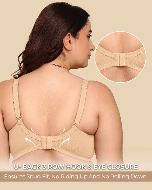 Woman wearing a beige back support brace with close-up details on a beige background