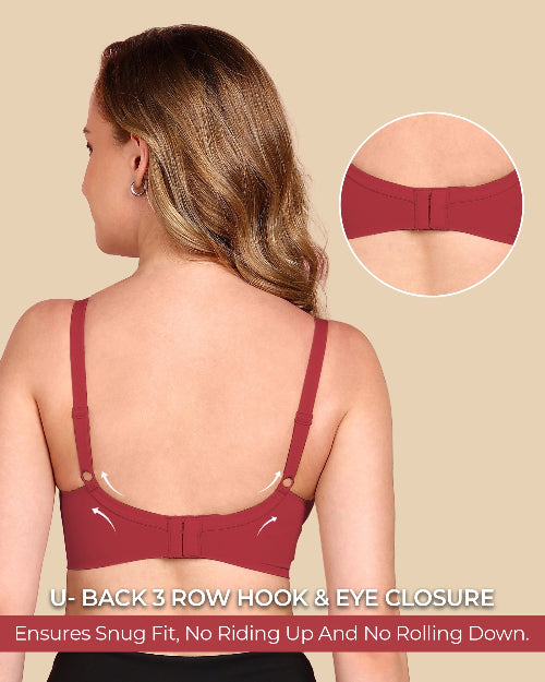 Red bra with U-back 3 row hook & eye closure on a beige background