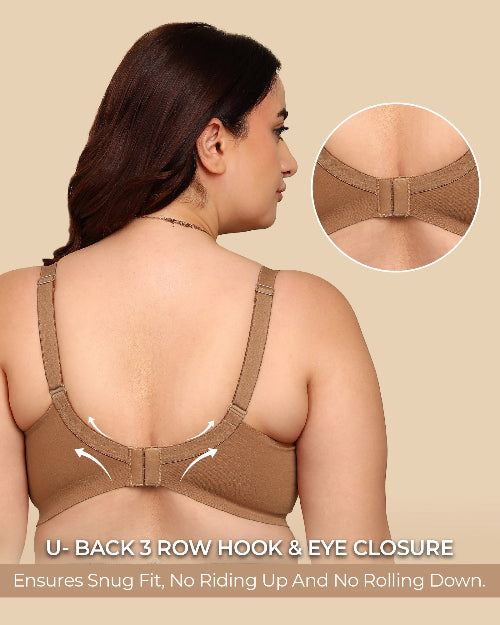 Woman wearing a brown back support brace with close-up details on a beige background