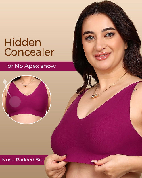 Woman wearing a purple bra with 'Hidden Concealer' text on a beige background