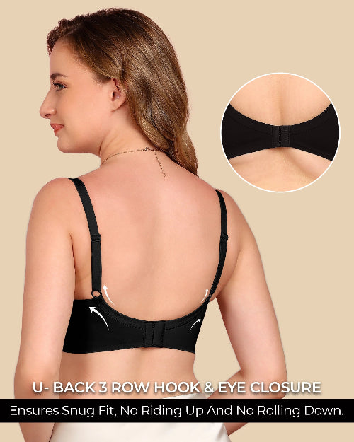 Woman wearing a black bra with a close-up of the U-back 3 row hook & eye closure on a beige background.