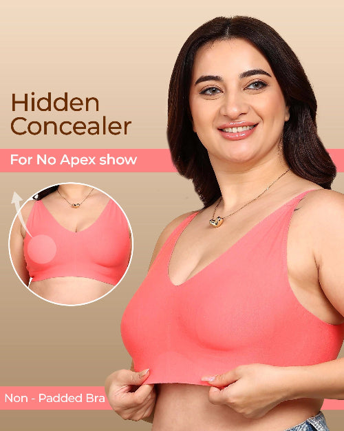 Woman wearing a pink bra with 'Hidden Concealer' text and inset showing no apex show.