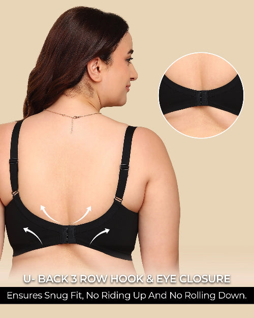 Black bra with U-back 3-row hook and eye closure on a beige background