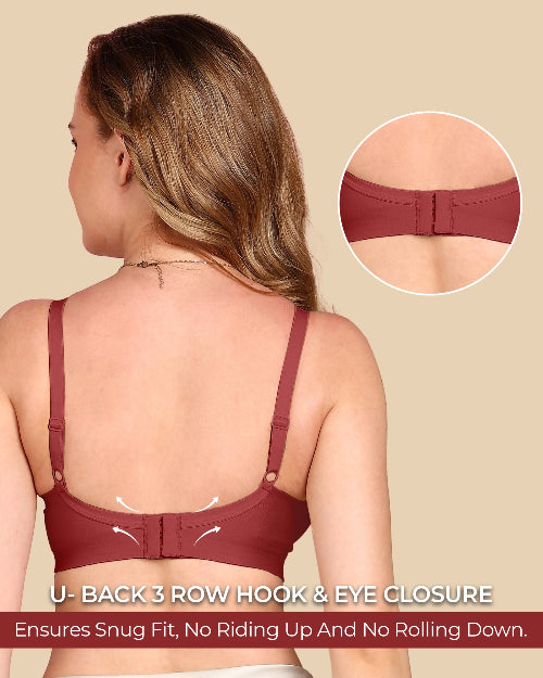Maroon bra with U-back 3-row hook and eye closure on a beige background