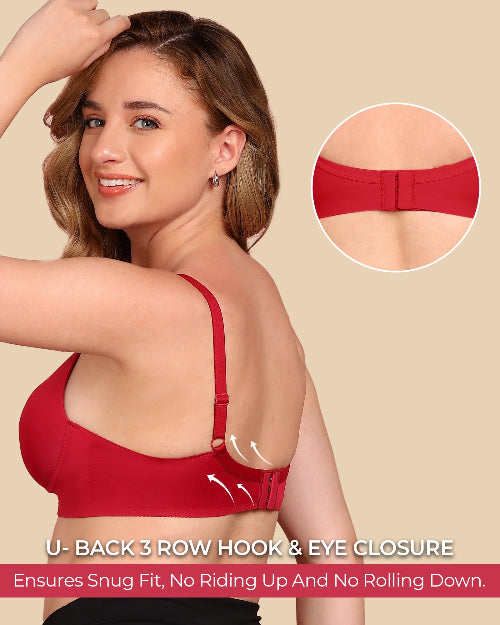 Woman wearing a red bra with close-up details on a beige background