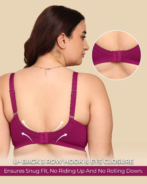 Purple bra with U-back design on a beige background