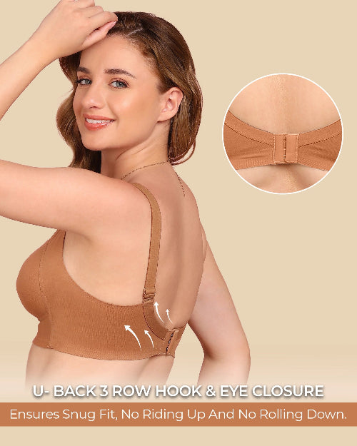 Woman wearing a brown bra with close-up details on a beige background