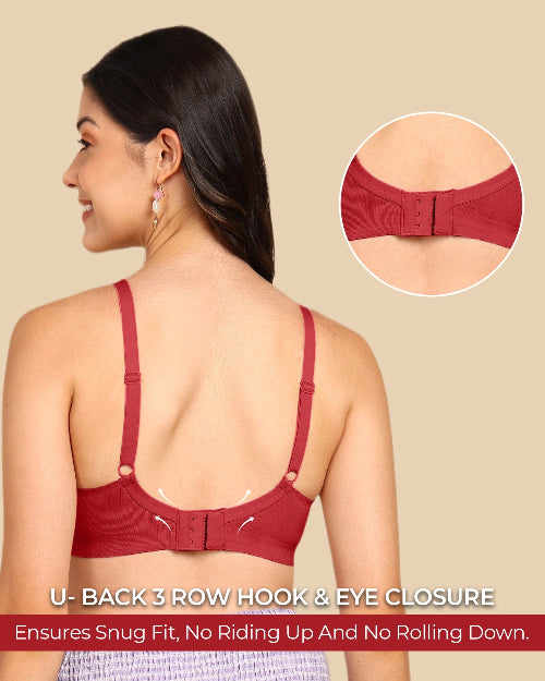 Red bra with U-back 3-row hook & eye closure on a beige background