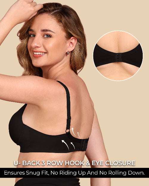Woman wearing a black bra with close-up details on a beige background