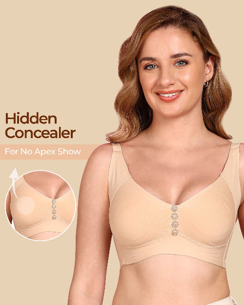Woman wearing a beige bra with 'Hidden Concealer' feature on a beige background