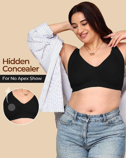 Woman wearing a black bra with a 'Hidden Concealer' feature on a beige background