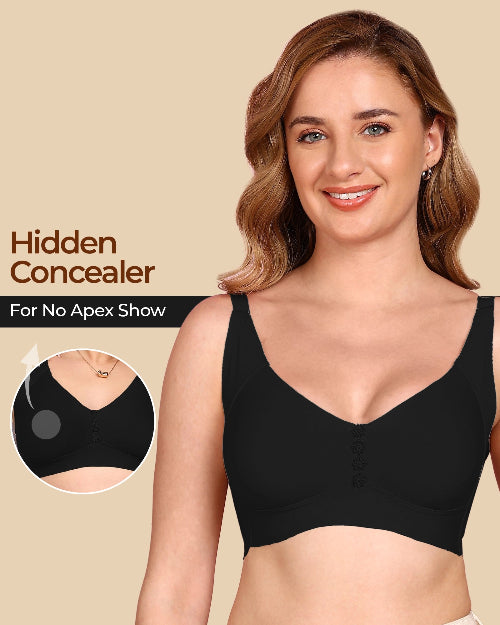 Woman wearing a black bra with 'Hidden Concealer' feature on beige background