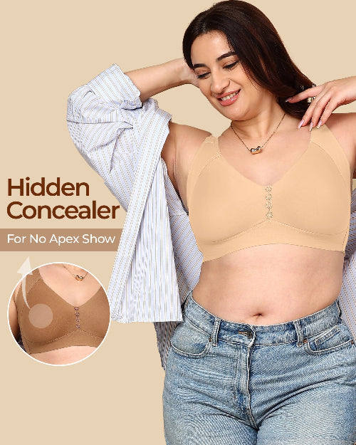 Woman wearing a beige bra with 'Hidden Concealer' feature, inset showing the design.