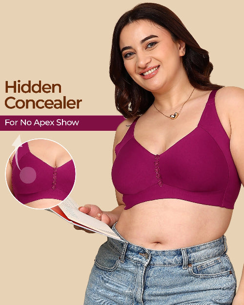 Woman wearing a purple bra with a 'Hidden Concealer' feature on a beige background