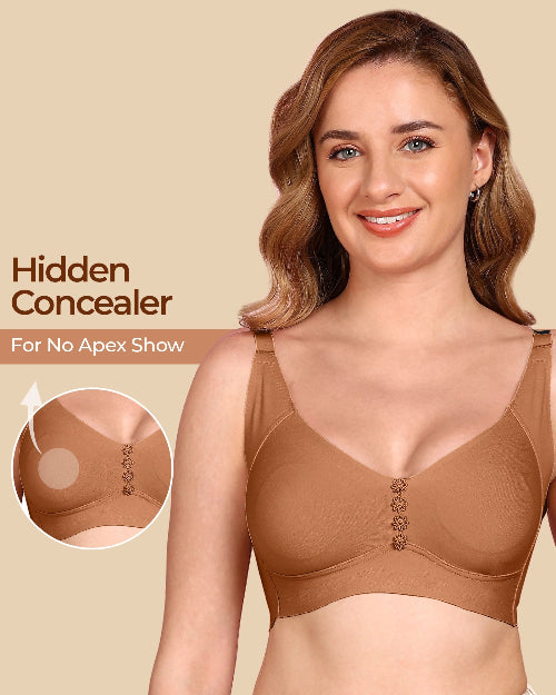 Woman wearing a brown bra with 'Hidden Concealer' feature on a beige background