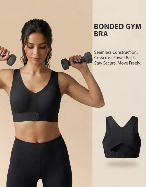 Woman wearing a black bonded gym bra holding dumbbells, with product details on a beige background.