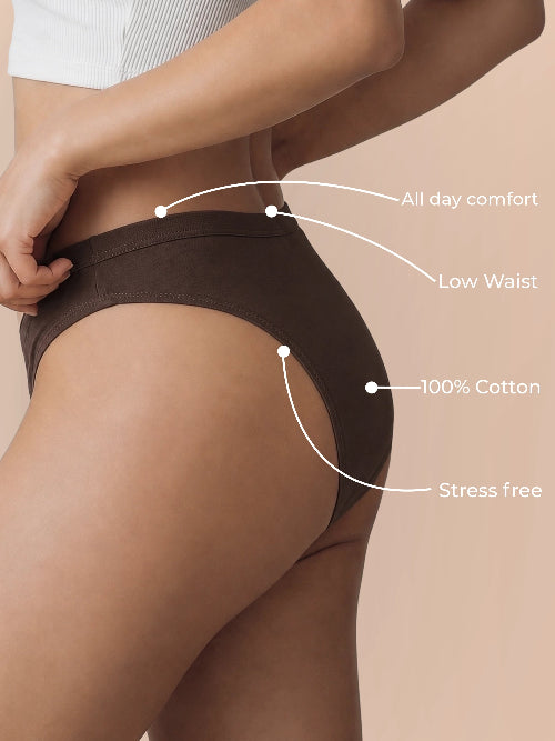 Brown underwear worn by a person with text labels on a beige background