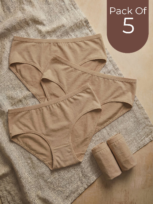 Pack of 5 beige underwear on a textured surface with 'Pack Of 5' text.