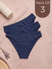 Pack of 3 blue women's underwear on a pink background with text 'Pack Of 3'.