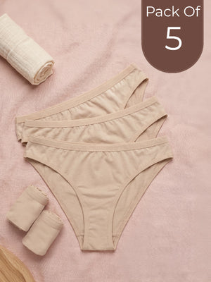 Pack of 5 beige women's underwear on a pink background