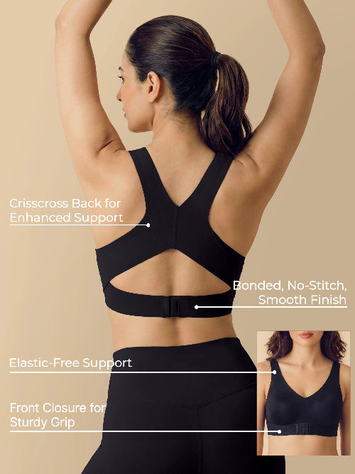 Black sports bra with features highlighted on a beige background