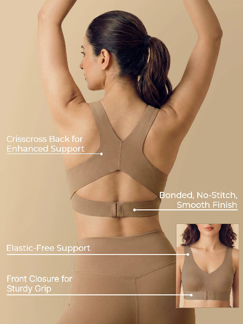 Woman wearing a beige support garment with labeled features on a beige background
