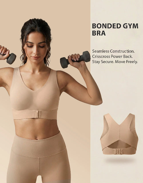 Woman wearing a beige bonded gym bra holding dumbbells with product details on a beige background