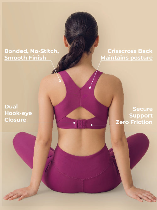 Person wearing a purple sports bra and leggings with text labels on a beige background